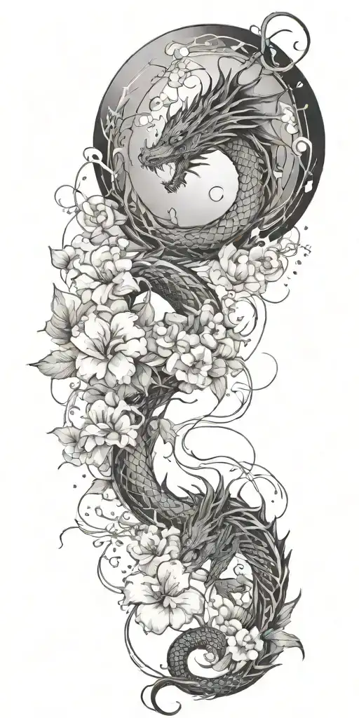 flowers, dragons, lightning storm, balance mixed with yin tattoo design idea