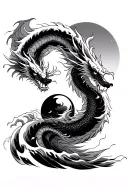 tradition japenese wave with 2 dragons opposite each side of a ball in the middle tattoo design idea