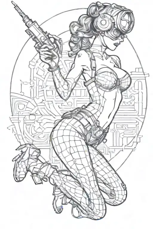 sexy pin up donning welding mask and lingerie, big, round ass,  over on her knees using torch, she's very fit.   tattoo design idea