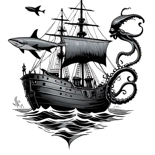  thigh tattoo with a scuba diver at a sunken pirate ship. A shark swimming above and eel and octopus coming out of ship  tattoo design idea
