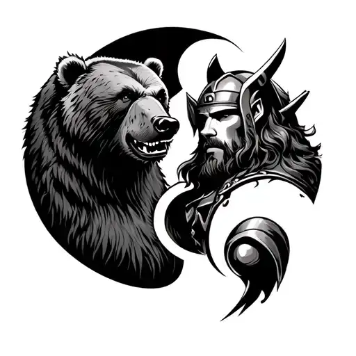 fierce grizzly bear and thor the viking in a ying yang tattoo design idea