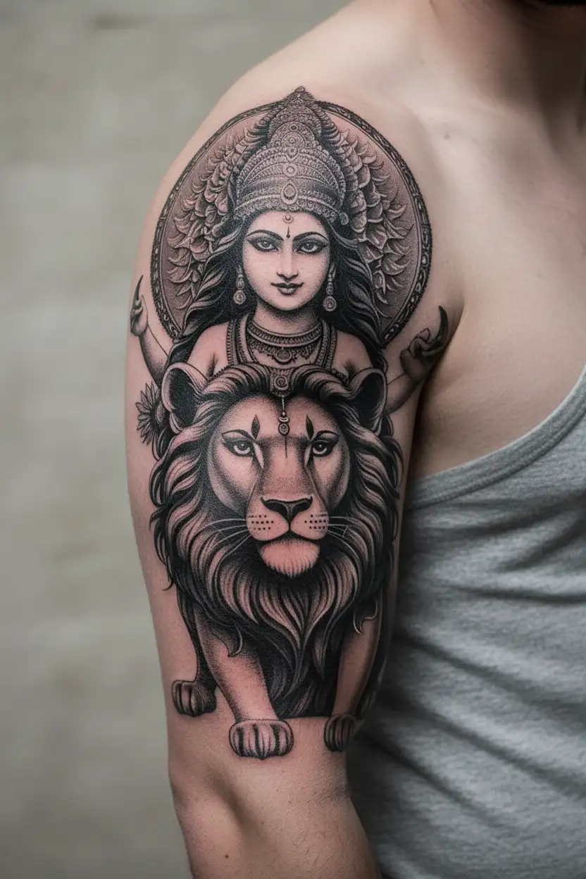goddess lakshmi with lion  tattoo design idea