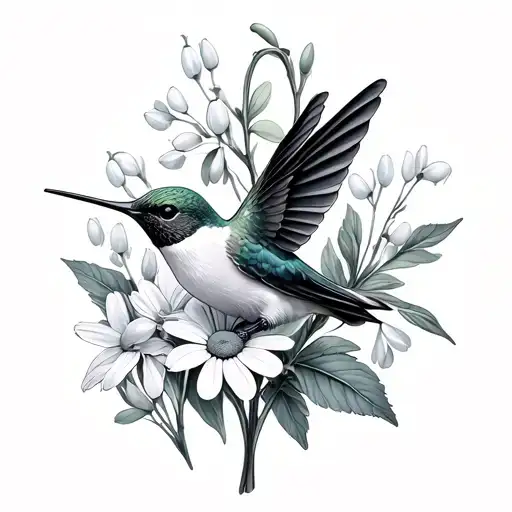 minimalist hummingbird with single stem each of daisy, violet, lily of the valley & larkspur tattoo design idea