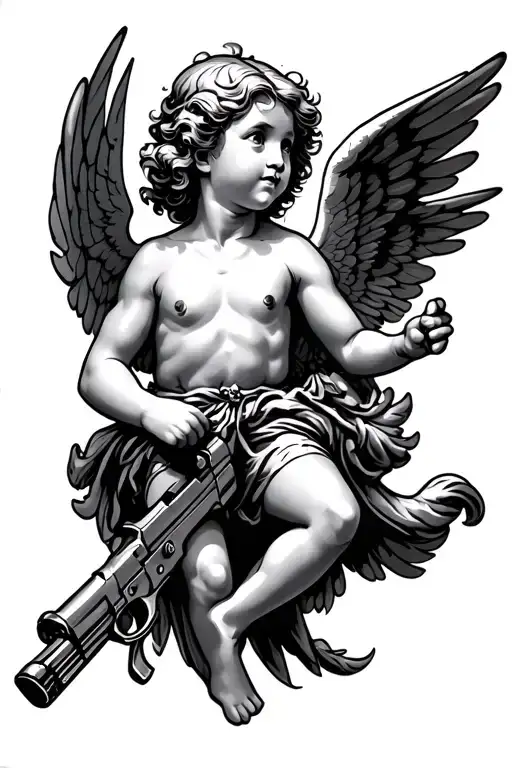 cupid flying holding a gun tattoo design idea