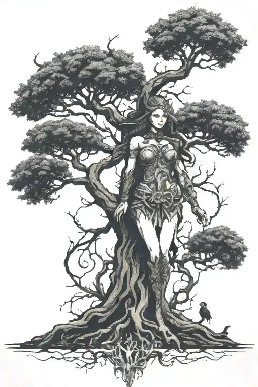 yggdrasil tree and valkyrie warrior woman tattoo design idea