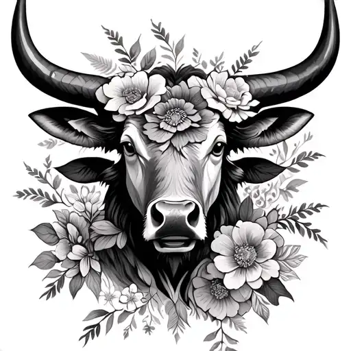 A highly detailed and symmetrical illustration of a majestic bull head, adorned with vibrant flowers and floral elements tattoo design idea