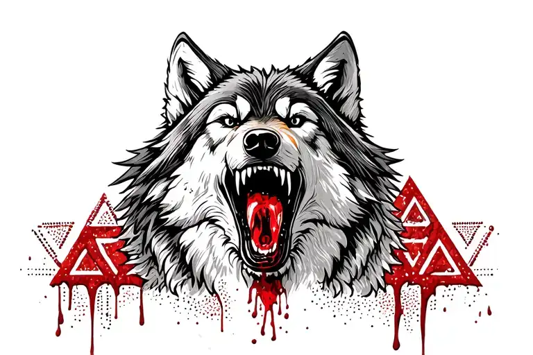 Growling wolf face with blood on its teeth, well-detailed color and wrinkles on the snout, with a triangle somewhere and tattoo design idea