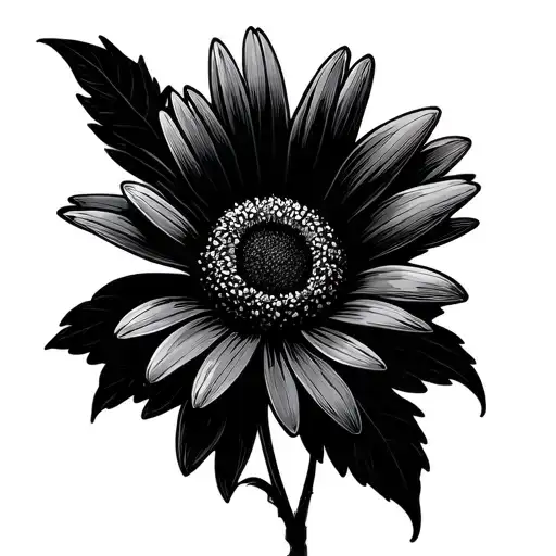 Black and  grey fine line tattoo design focused on daisy with minimal foliage and a small cardinal tattoo design idea