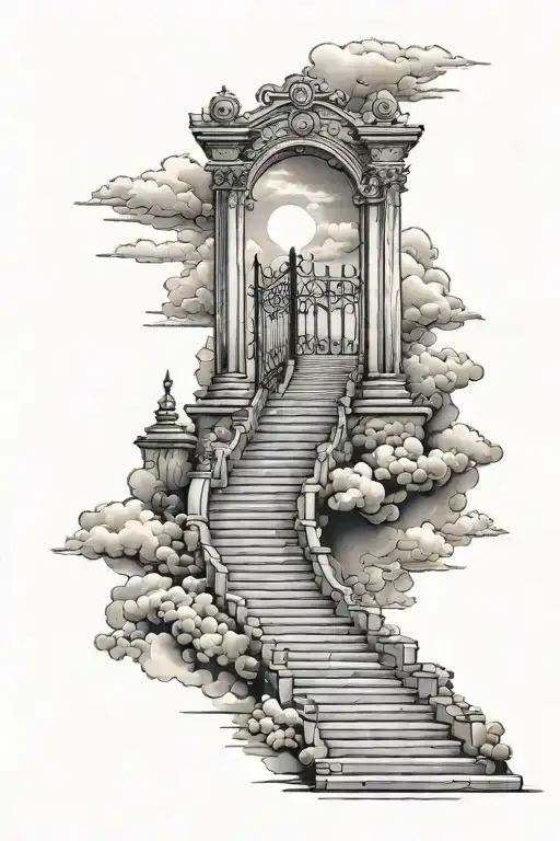 Stairs to heaven with iron gate and clouds tattoo design idea