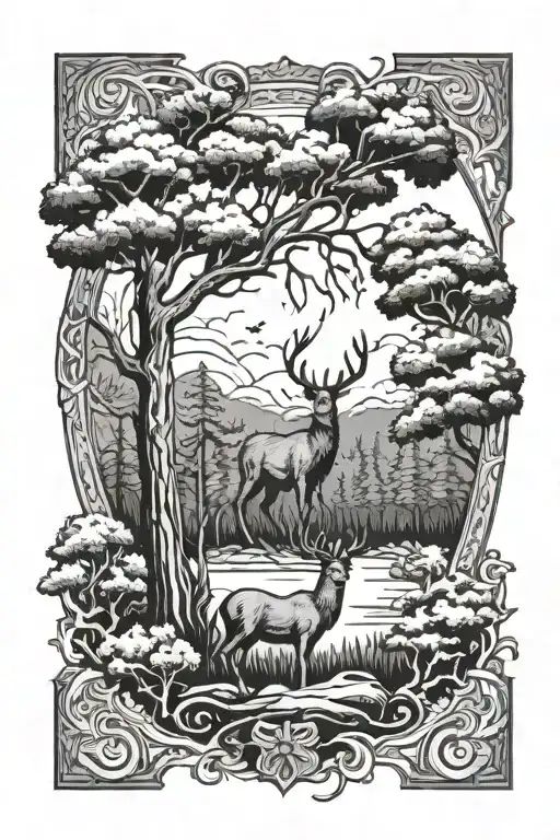 cross with trees and deer tattoo design idea