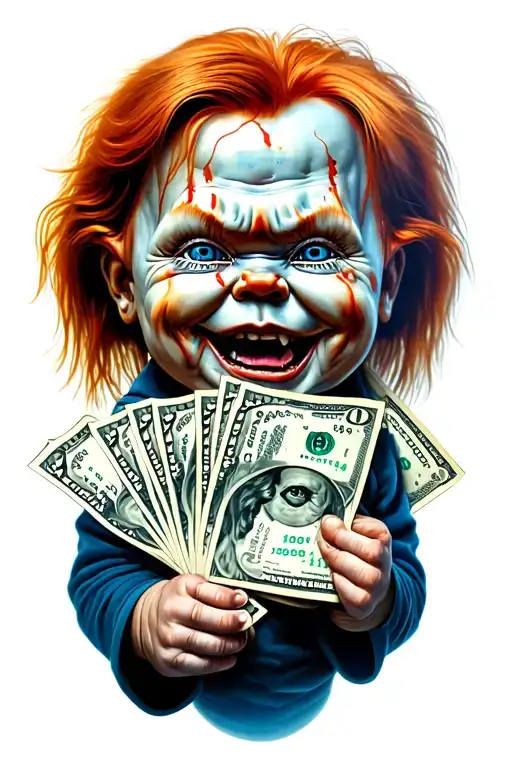chucky holding dollar bills coming out its mouth tattoo design idea