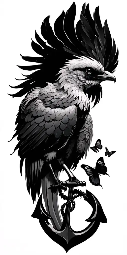 Pheonix, anchor, birds, books, butterflies, feminine and flowy tattoo design idea