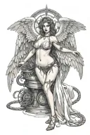 Sexy Angel, pale skin, Big breasts, Wide Hips, Angel wings, Halo, Bondage outfit, Seductive, Sexual, Full Body view  tattoo design idea