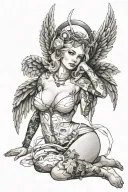 Sexy Angel, pale skin, Big breasts, Wide Hips, Angel wings, Halo, Bondage outfit, Seductive, Sexual, Full Body view  tattoo design idea