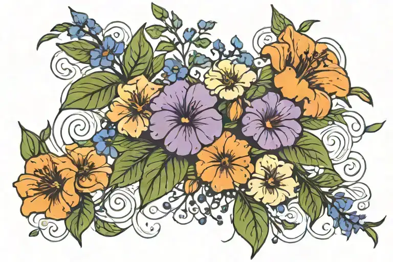 fine line tattoo of vine of marigold, morning glory, larkspur, and gladiolus that wraps around arm above elbow tattoo design idea