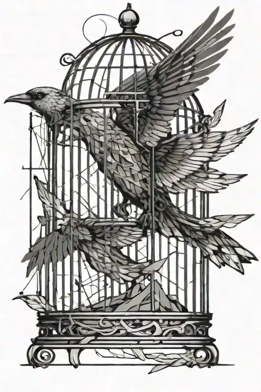 a single bird flying out of a cage that imprisoned it, representing freedom, with fine lines and a more abstract design tattoo design idea
