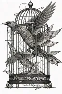 a single bird flying out of a cage that imprisoned it, representing freedom, with fine lines and a more abstract design tattoo design idea