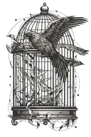 a single bird flying out of a cage that imprisoned it, representing freedom, with fine lines and a more abstract design tattoo design idea
