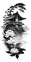 path of enlightenment along sleeve from wrist to shoulder. lotus, water, constellation, koi, bamboo, small house tattoo design idea