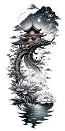 path of enlightenment along sleeve from wrist to shoulder. lotus, water, constellation, koi, bamboo, small house tattoo design idea