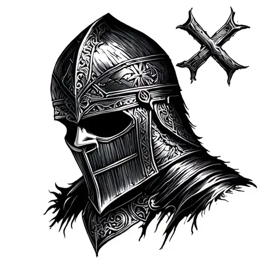 templar knight blacked out face distressed black work tattoo design idea