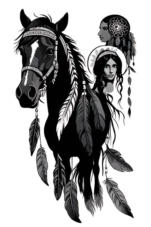 indian dream catcher with feathers horse and female Indian  tattoo design idea