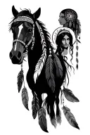 indian dream catcher with feathers horse and female Indian  tattoo design idea
