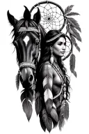 indian dream catcher with feathers horse and female Indian  tattoo design idea
