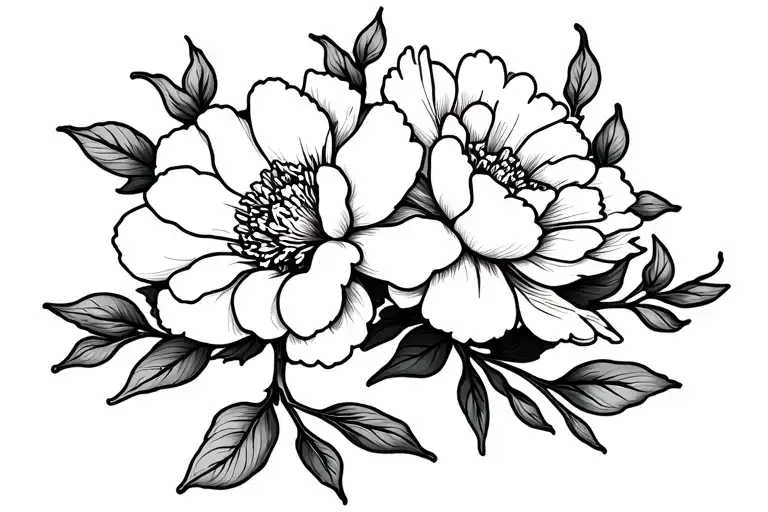 peony flowers black and white with three branches that are draw as Karlos, Adrian and Kariana. Minimalist Tatoo tattoo design idea