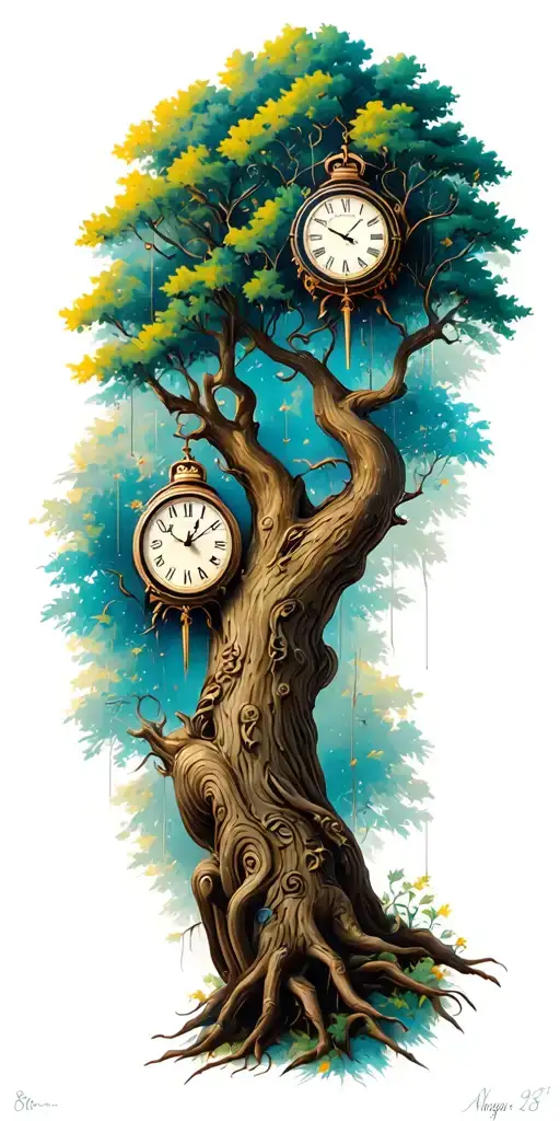 tree with engraved dates of November 27 2014 and August 18 2020. Clocks hanging from tree with time of 3:33 and 8:31 tattoo design idea