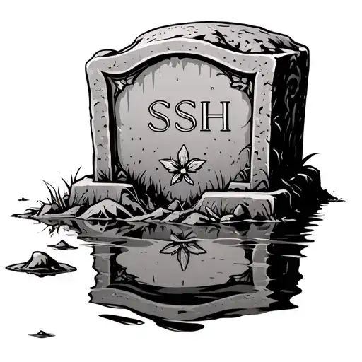headstone with initials SSH reflecting in a puddle on the ground tattoo design idea