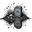 headstone with initials SSH reflecting in a puddle on the ground tattoo design idea