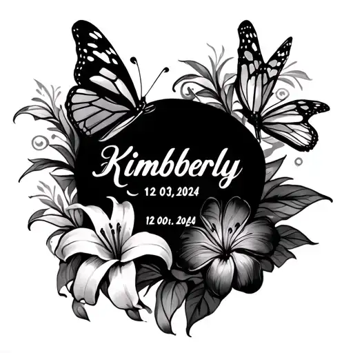 calf tattoo with the name Kimberly date of death 12-03-2024 with butterflies and the flower Lily no color tattoo design idea