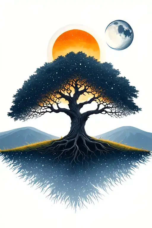 A majestic tree of life with the sun and half moon as its roots and branches, hill landscape, ground with grass, stars tattoo design idea