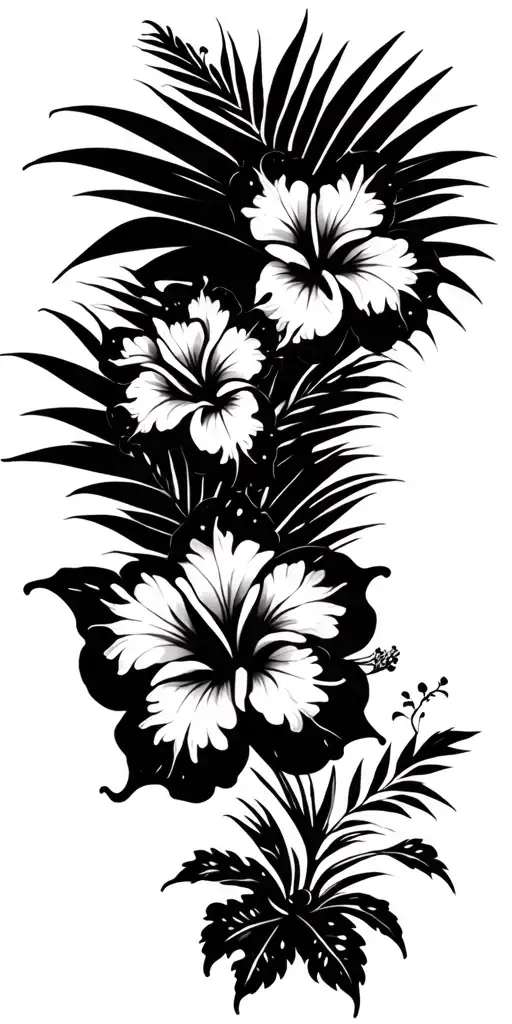 butterfly,hibiscus, rose, beach scene with palm tattoo design idea