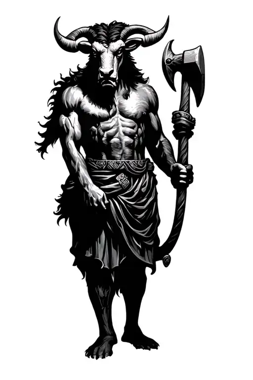 Greek Minotaur legend standing guard with hammer tattoo design idea