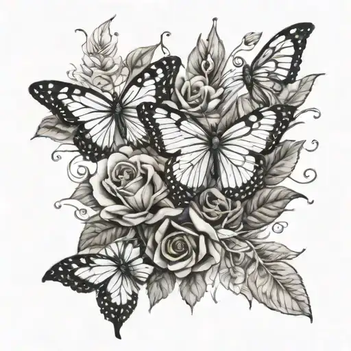 butterflies and roses and leaves intertwined tattoo design idea