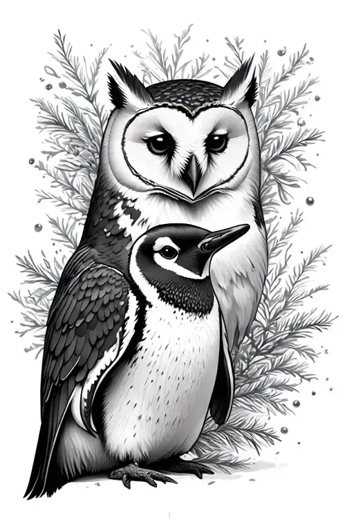 a barn owl, arctic fox, and a penguin as a leg/calf sleeve tattoo design idea