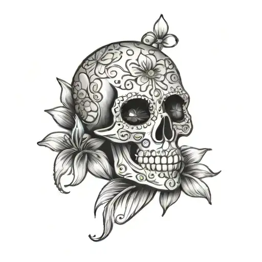 Sugar Skull with Lilly flower tattoo design idea