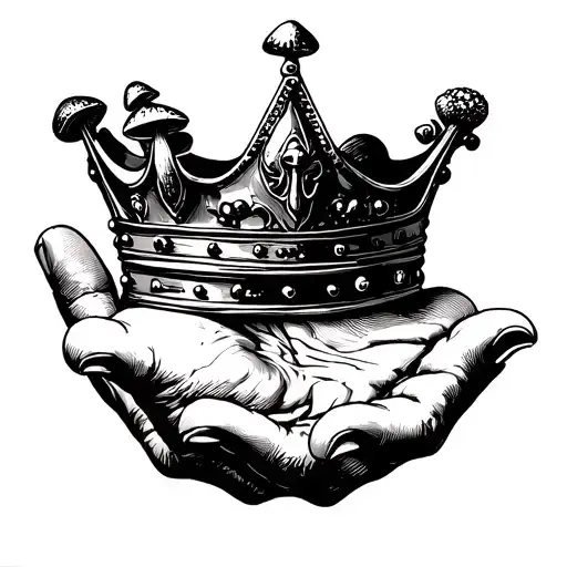 A hand holding a crown, on each finger a different drug in miniature (a mushroom, a pill, a joint, a piece of LSD, a cry tattoo design idea