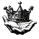 A hand holding a crown, on each finger a different drug in miniature (a mushroom, a pill, a joint, a piece of LSD, a cry tattoo design idea