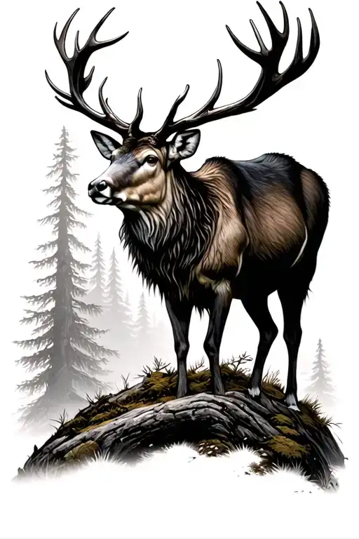 a stag in the scottish highlands near a forest tattoo design idea