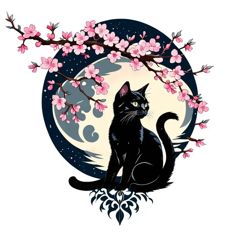 Cherry blossom tree with  black cat and moon in the background tattoo design idea