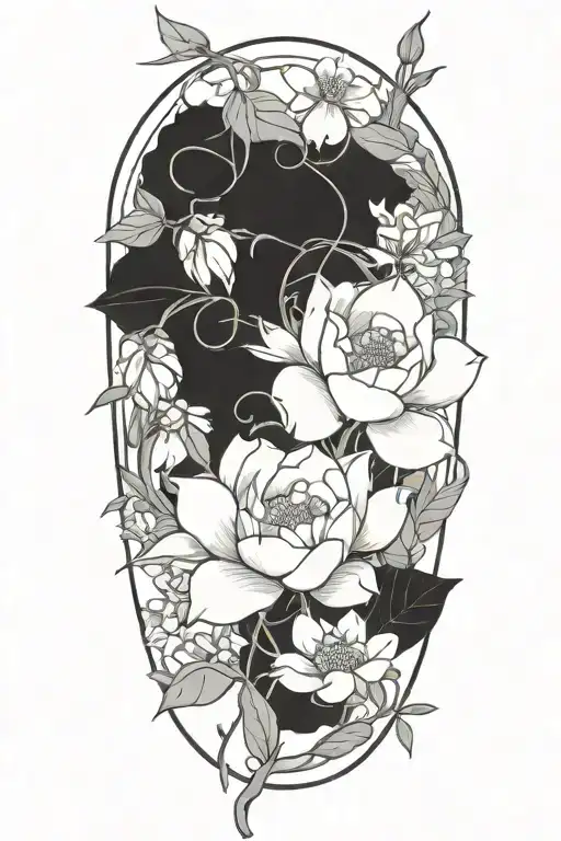 string vine with small roses, small peonies, small daisies, small lotuses that are spaced out tattoo design idea