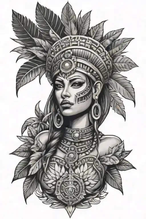 Sexy Aztec godess with pot leaf headdress tattoo design idea