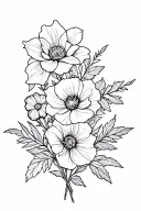 fine line, simplic flower bouqet with rose, daffodil, violet, and poppy tattoo design idea