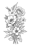 fine line, simplic flower bouqet with rose, daffodil, violet, and poppy tattoo design idea