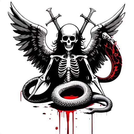 angel of death with swords in head, top half skeleton, bottom of body is snake, bloody. tattoo design idea