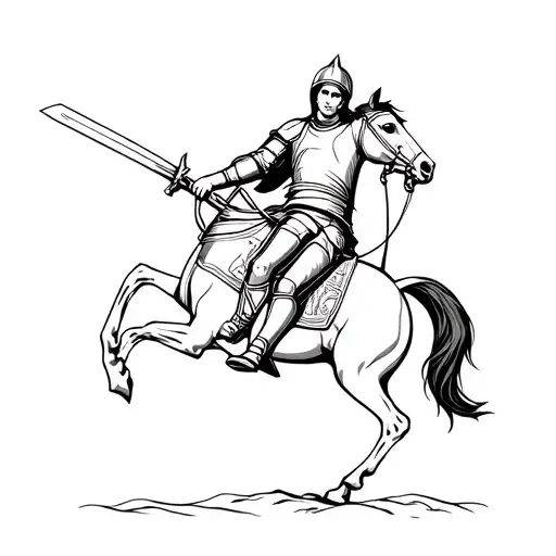joan of arc, armour no helmet sitting on horse on hind legs, joan pointing with sword to charge.  tattoo design idea