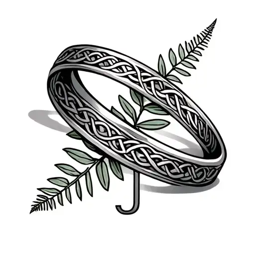 A Welsh wedding ring tattoo with the Celtic band along the top and then a New Zealand fern and the letter J on the under tattoo design idea